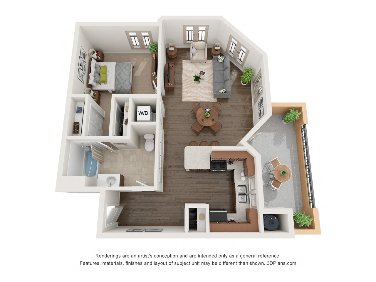 Floor plan for 1 bed, 1 bath, 743 sqft